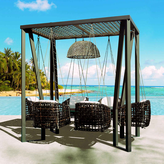 Horizon 8FT Pergola with Lamp, Dynasty Hanging Chairs & Aluminum Table