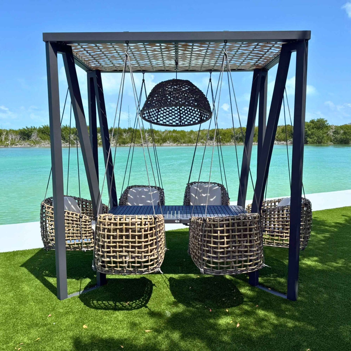 Horizon 8FT Pergola with Lamp, Dynasty Hanging Chairs & Aluminum Table