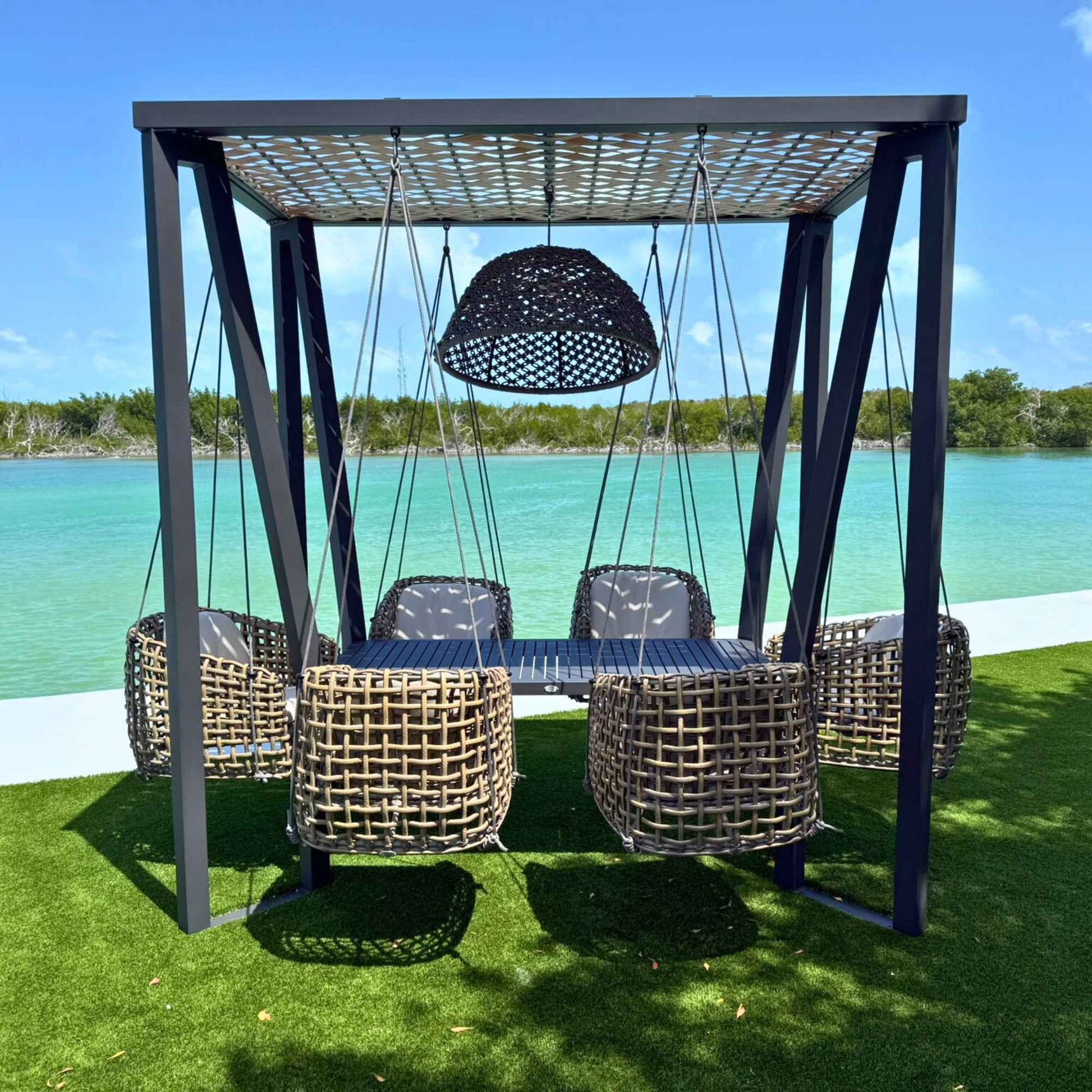Horizon 8FT Pergola with Lamp, Dynasty Hanging Chairs & Aluminum Table