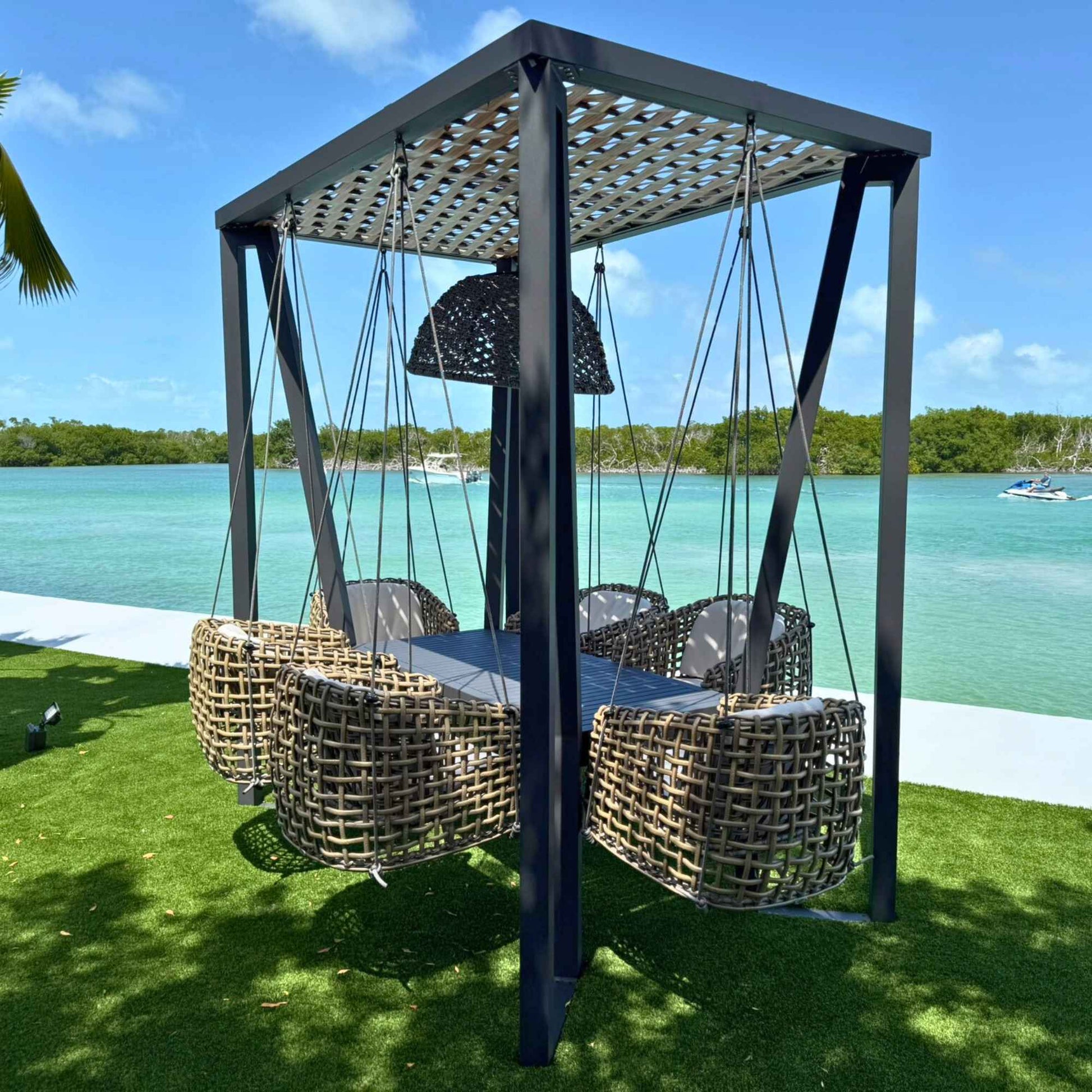 Horizon 8FT Pergola with Lamp, Dynasty Hanging Chairs & Aluminum Table