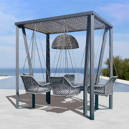 Horizon 8FT Pergola with Lamp, Moma Hanging Chairs & Aluminum Table