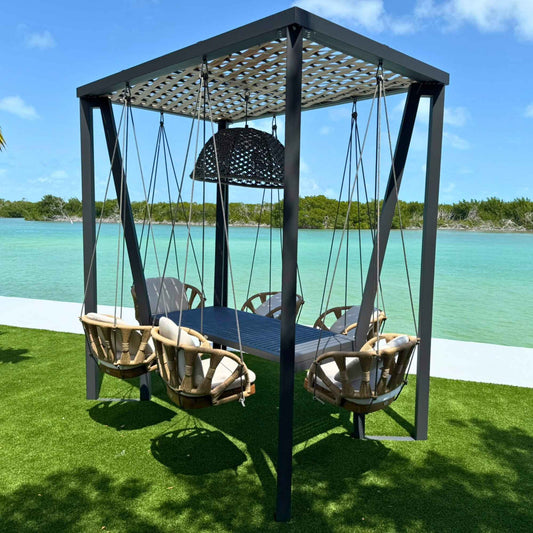 Horizon 8FT Pergola with Lamp, Krabi Hanging Chairs & Aluminum Table