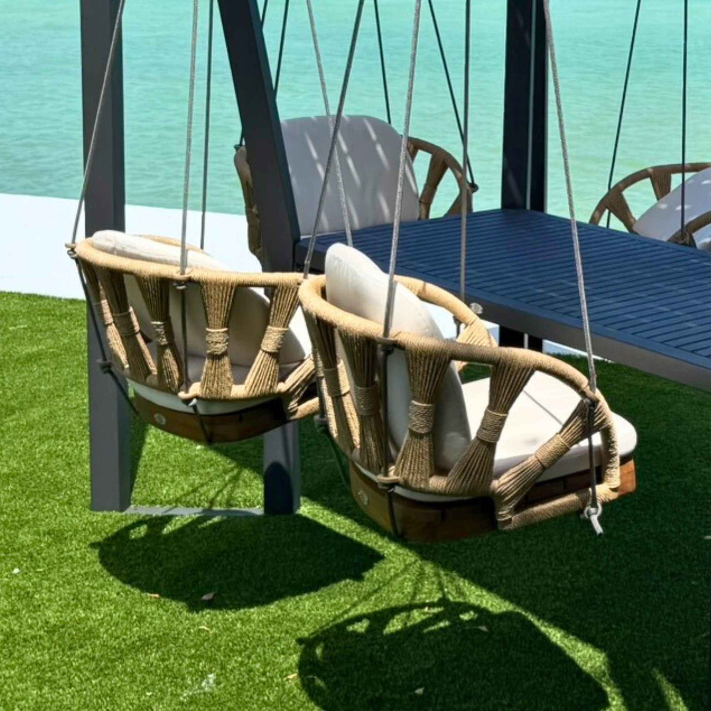 Horizon 8FT Pergola with Lamp, Krabi Hanging Chairs & Aluminum Table
