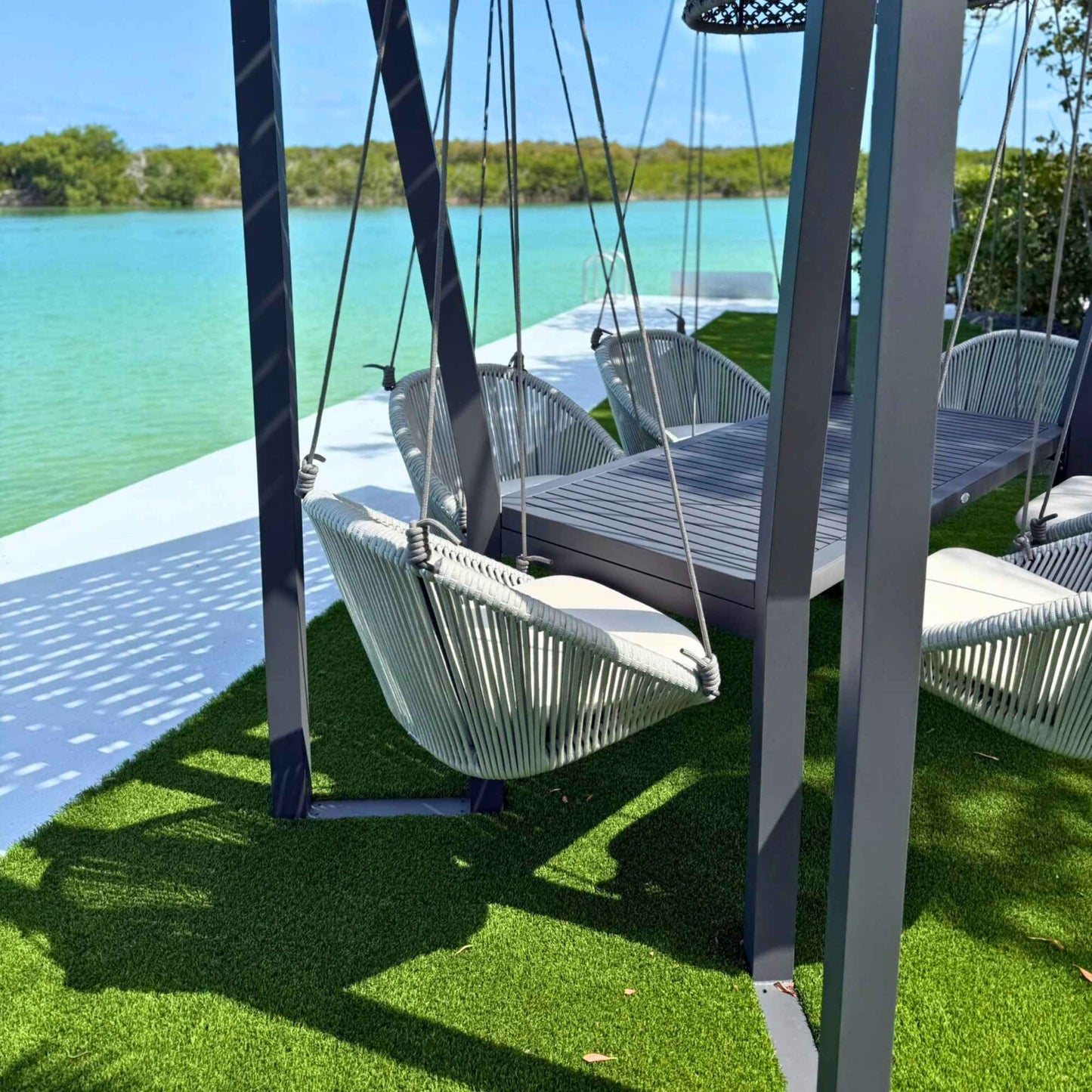 Horizon 8FT Pergola with Lamp, Rodona Hanging Chairs & Aluminum Table