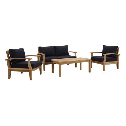 Marina 4 Piece Outdoor Patio Teak Conversation Set in Natural Navy by Modway
