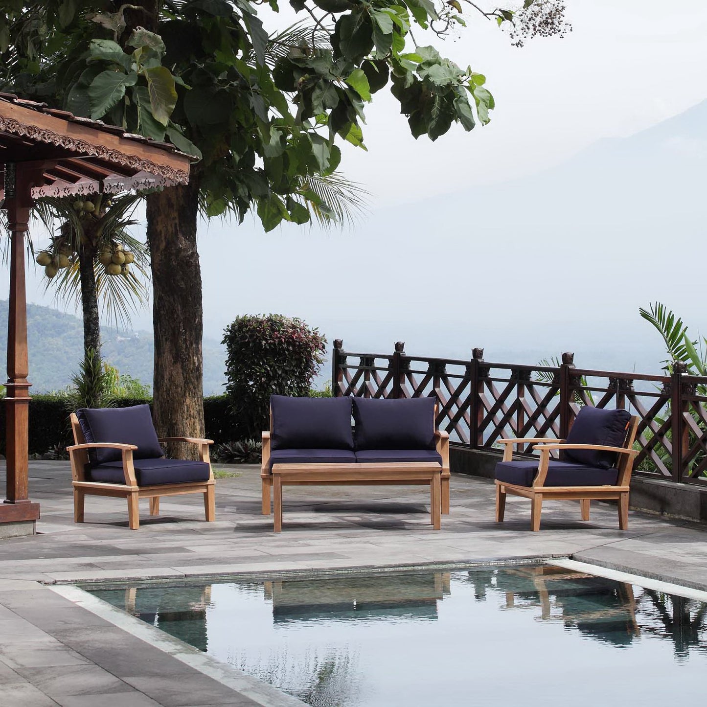 Marina 4 Piece Outdoor Patio Teak Conversation Set in Natural Navy by Modway