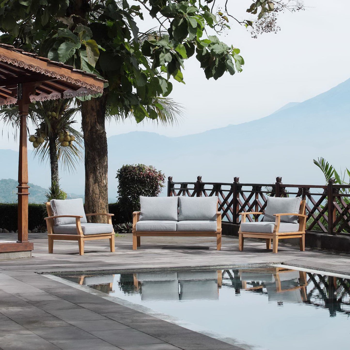 Marina 3 Piece Outdoor Patio Teak Conversation Set in Natural Gray by Modway