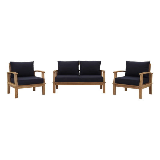 Marina 3 Piece Outdoor Patio Teak Conversation Set in Natural Navy by Modway