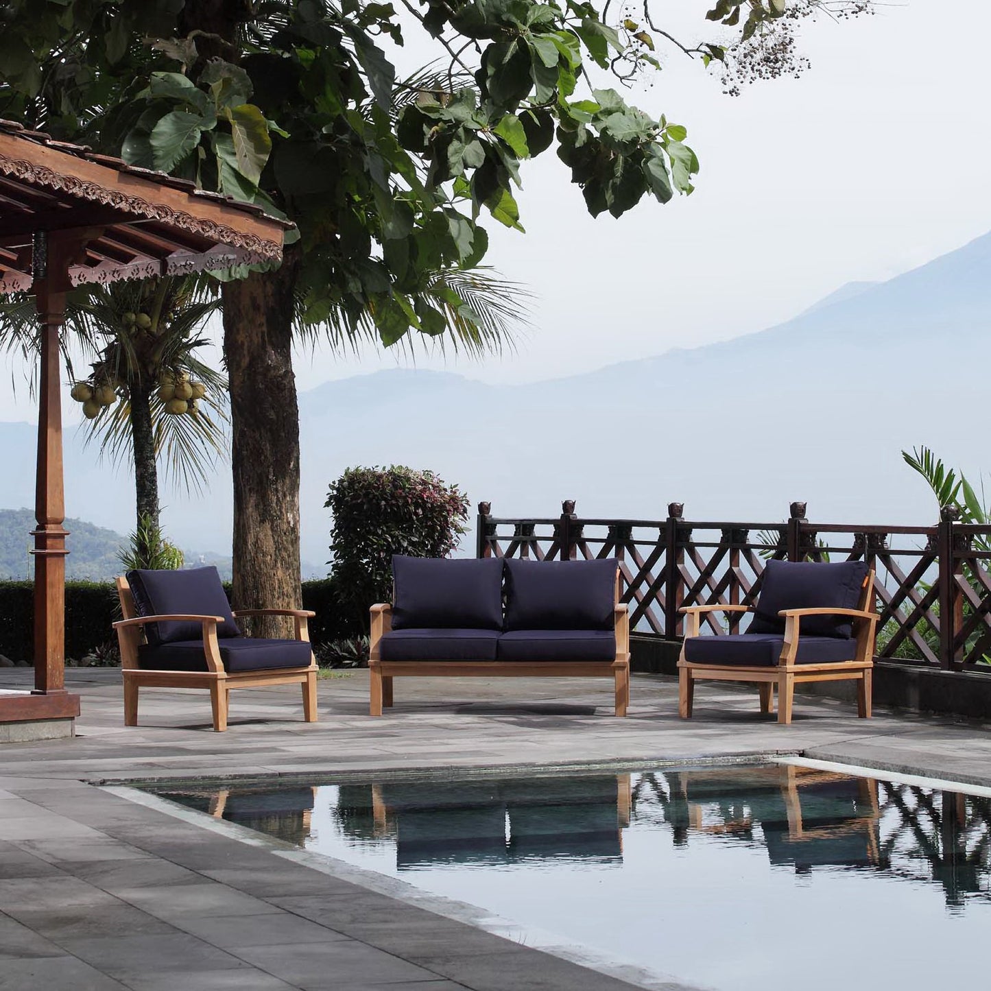 Marina 3 Piece Outdoor Patio Teak Conversation Set in Natural Navy by Modway