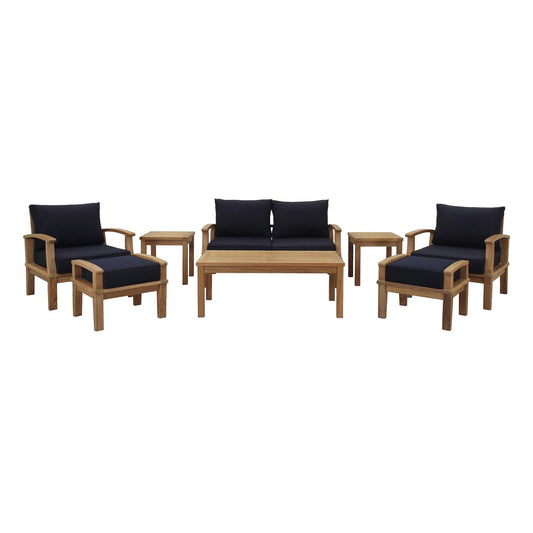 Marina 8 Piece Outdoor Patio Teak Conversation Set in Natural Navy by Modway