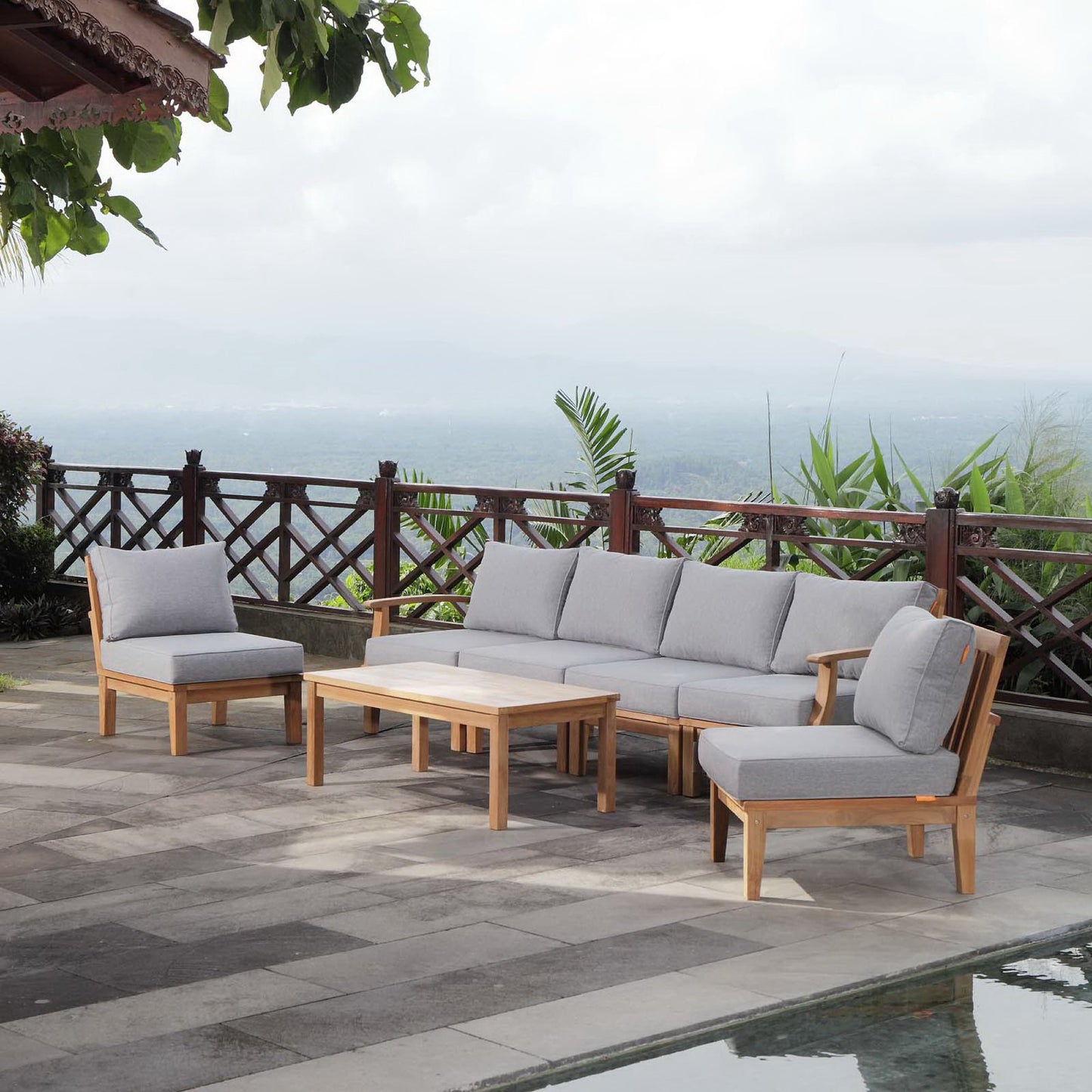 Marina 7 Piece Outdoor Patio Teak Sectional Sofa Set in Natural Gray by Modway