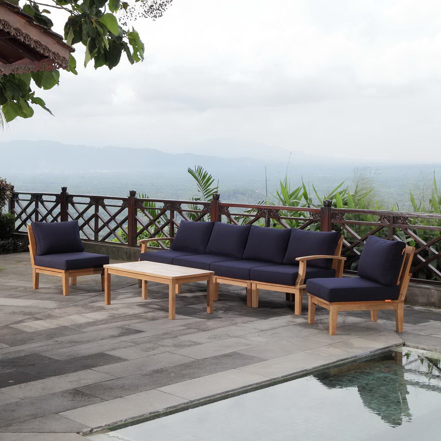 Marina 7 Piece Outdoor Patio Teak Sectional Sofa Set in Natural Navy by Modway