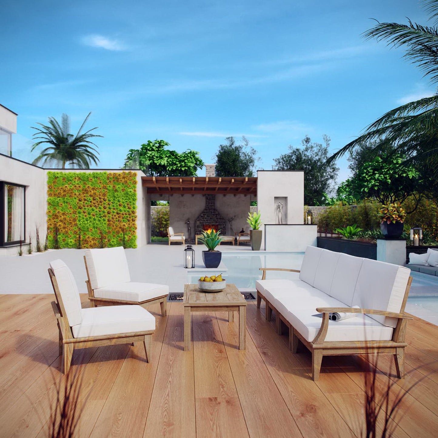 Marina 7 Piece Outdoor Patio Teak Sectional Sofa Set in Natural White by Modway