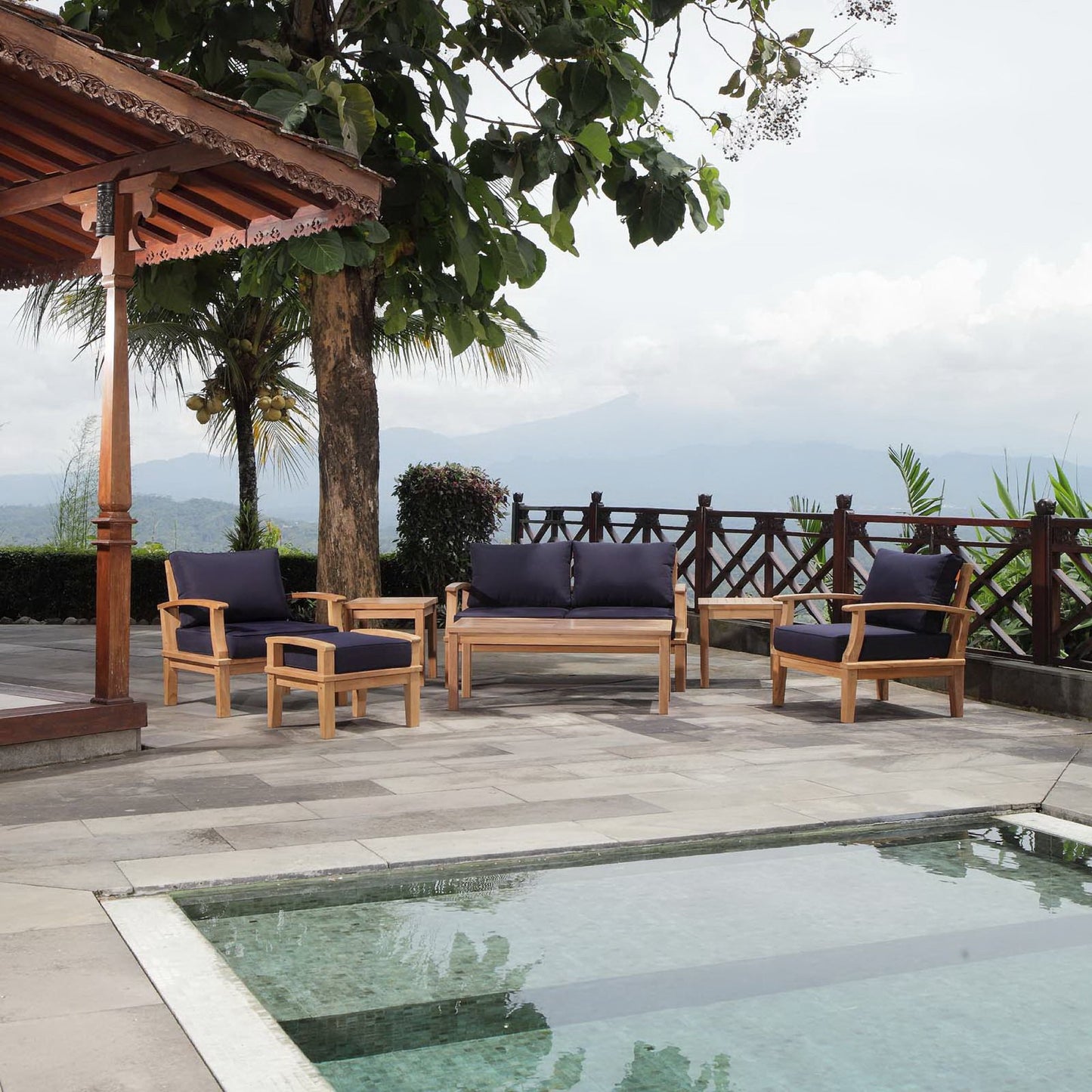 Marina 7 Piece Outdoor Patio Teak Furniture Set in Natural Navy by Modway