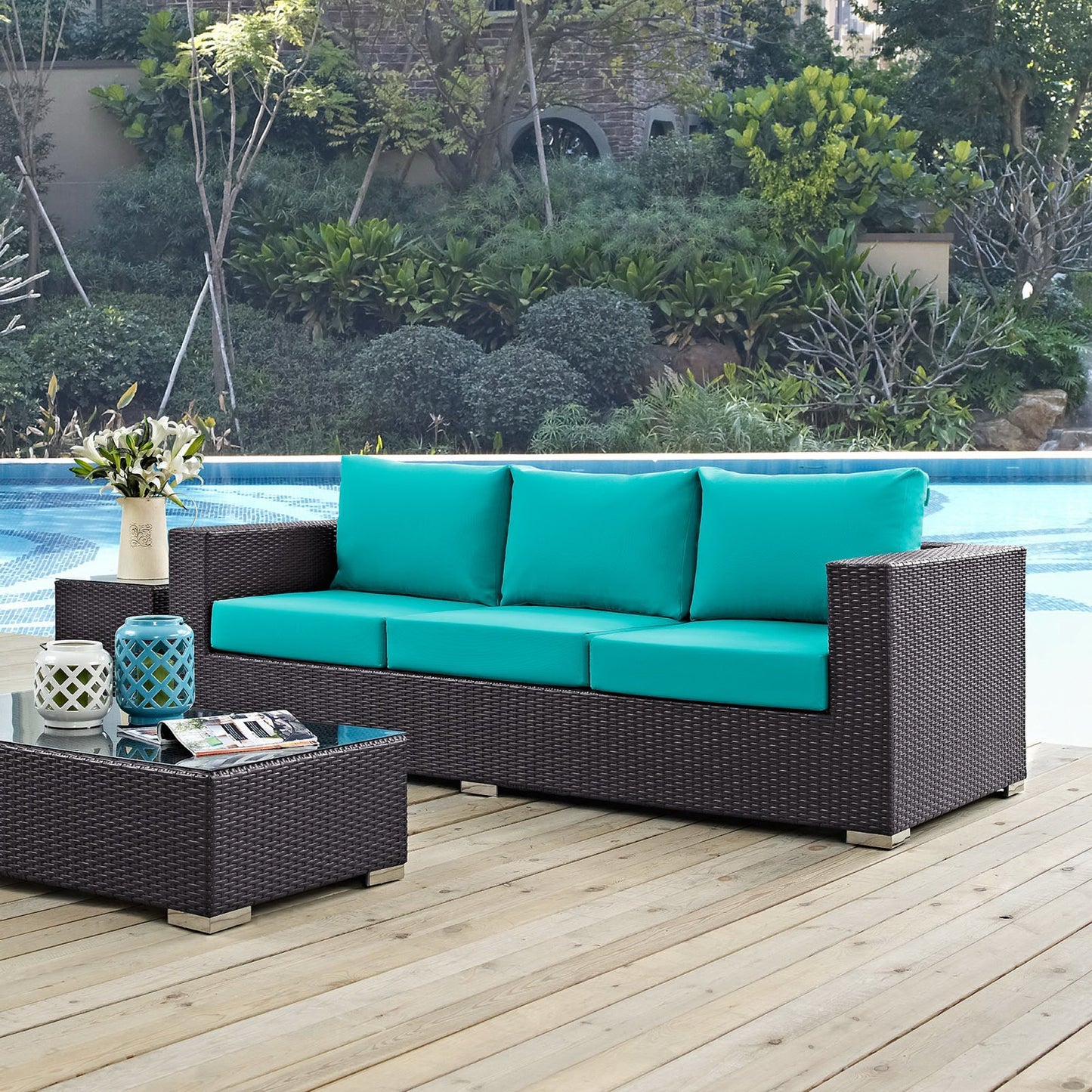 Convene Outdoor Patio Sofa in Espresso Turquoise by Modway (EEI-1844)