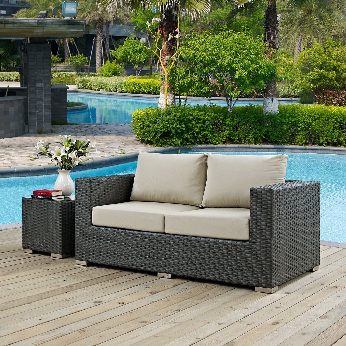 Sojourn Outdoor Patio Sunbrella Loveseat in Canvas Antique Beige by Modway (1851)
