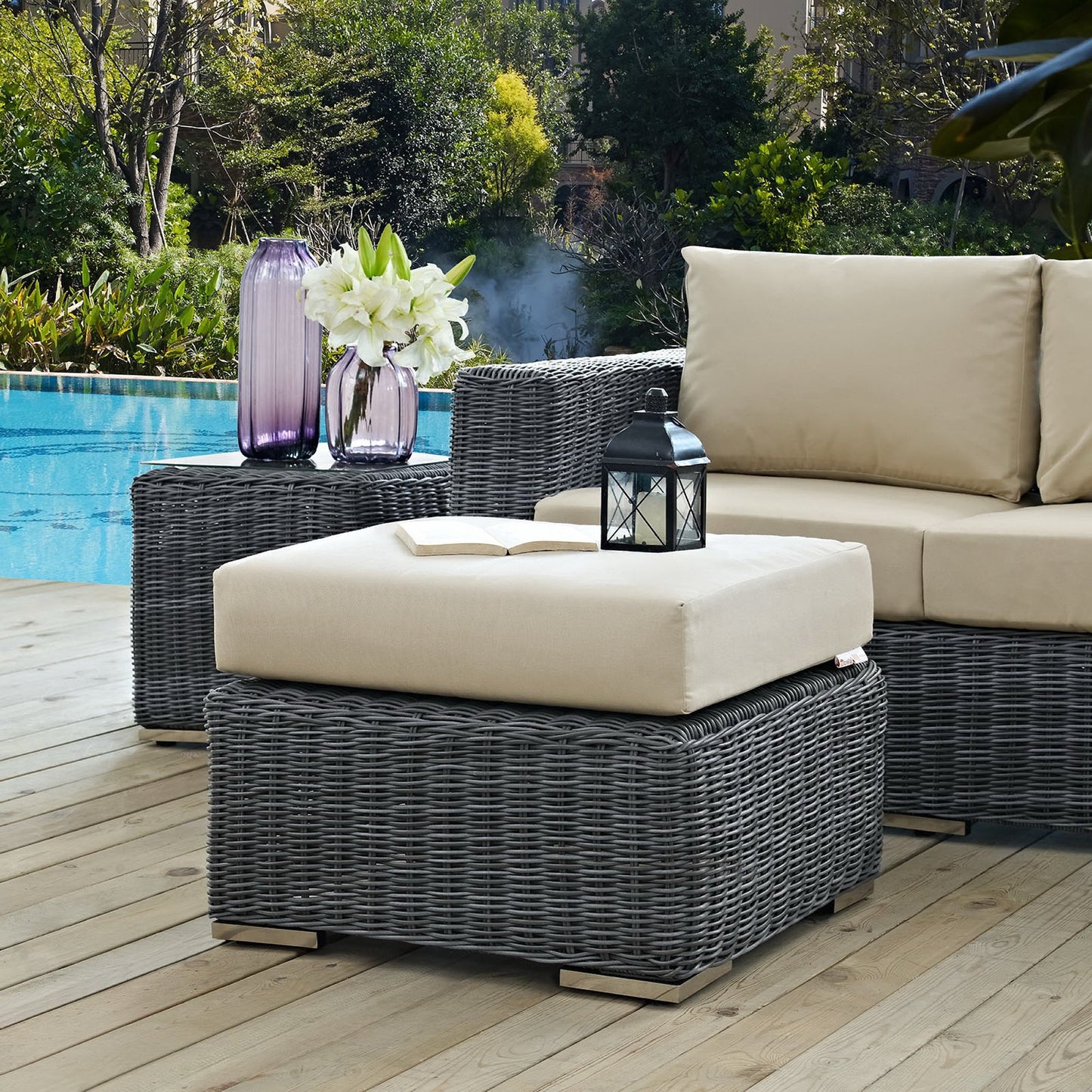 Summon Outdoor Patio Sunbrella Ottoman in Canvas Antique Beige by Modway (1869)