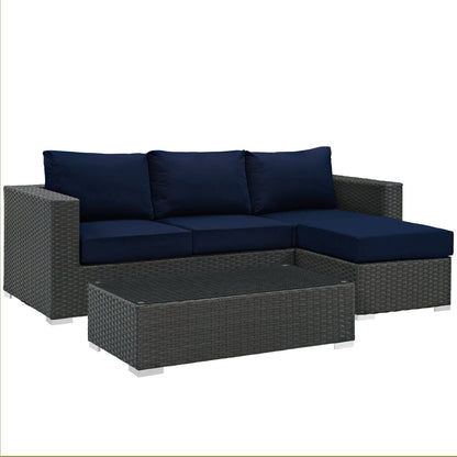 Sojourn 3 Piece Outdoor Patio Sunbrella Sectional Set in Canvas Navy by Modway (1889)