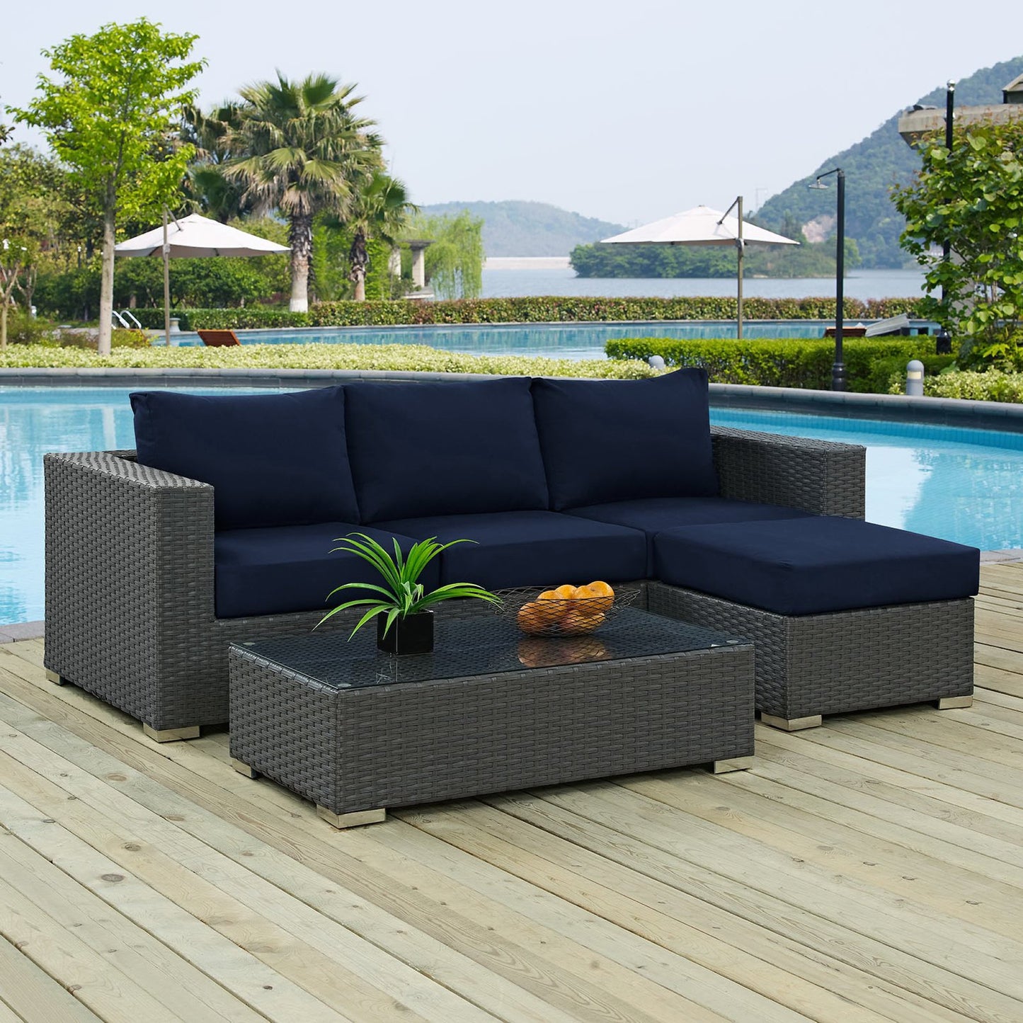 Sojourn 3 Piece Outdoor Patio Sunbrella Sectional Set in Canvas Navy by Modway (1889)