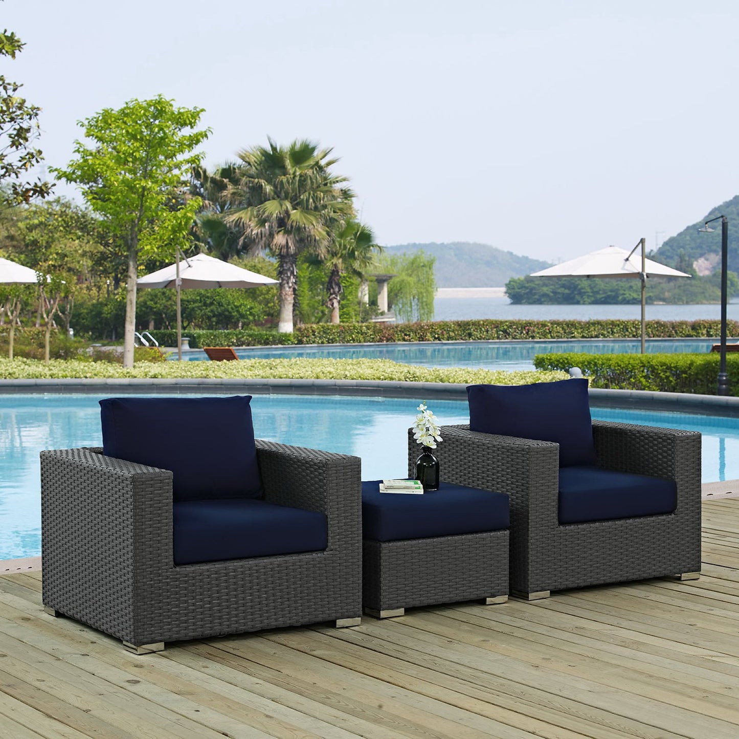 Sojourn 3 Piece Outdoor Patio Sunbrella Sectional Set in Canvas Navy by Modway (1891)