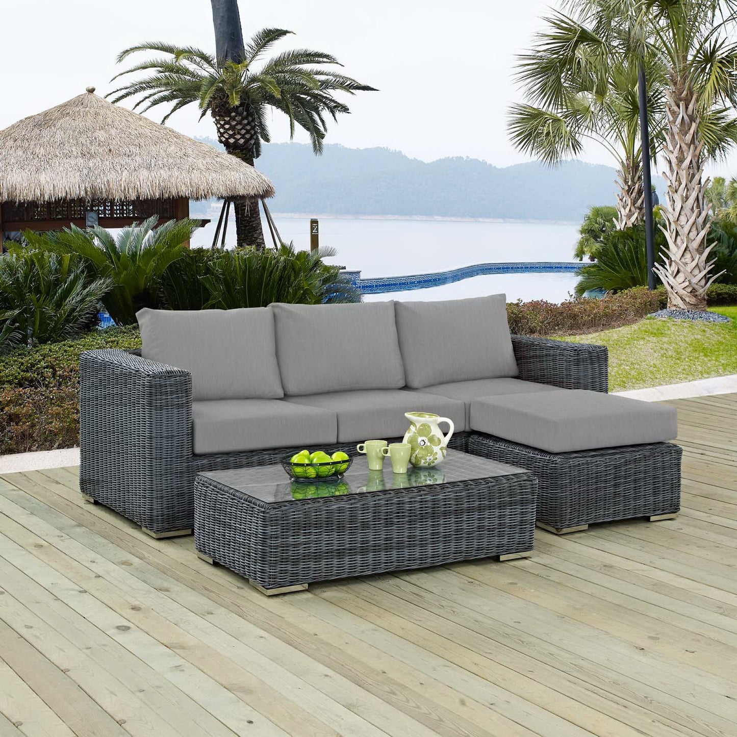 Summon 3 Piece Outdoor Patio Sunbrella Sectional Set in Canvas Gray by Modway (1903)