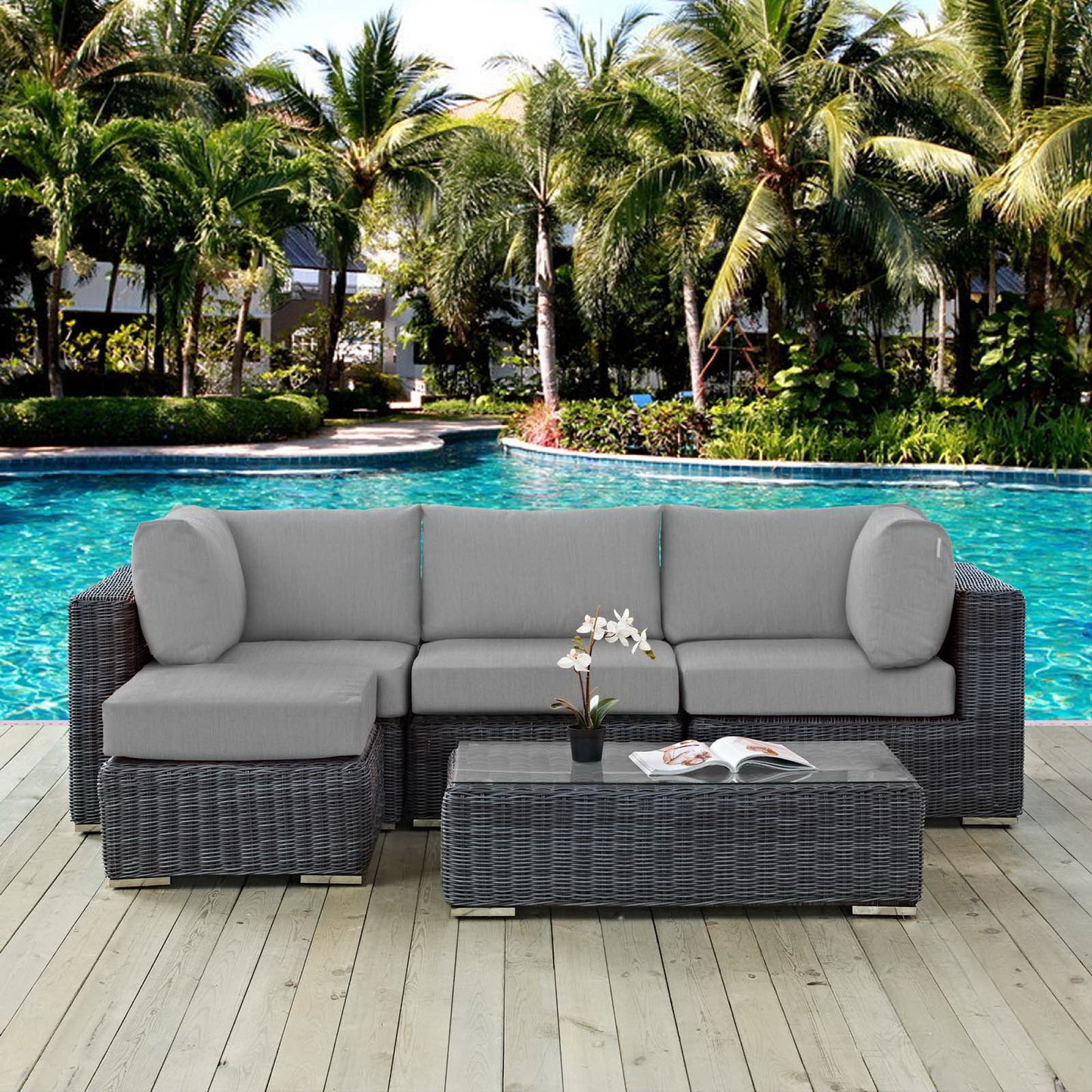 Summon 5 Piece Outdoor Patio Sunbrella Sectional Set in Canvas Gray by Modway (1904)