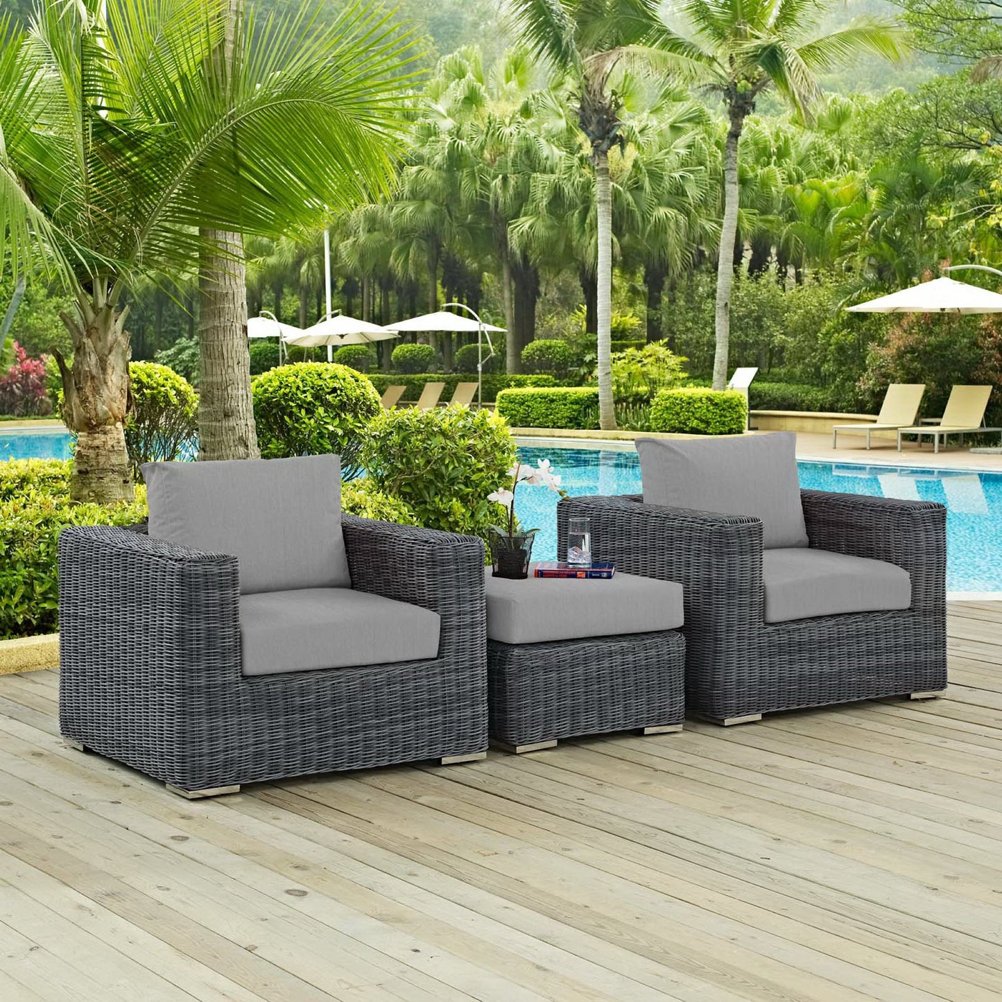 Summon 3 Piece Outdoor Patio Sunbrella Sectional Set in Canvas Gray by Modway (1905)