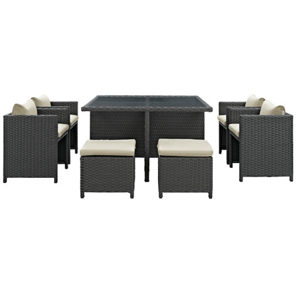 Sojourn 9 Piece Outdoor Patio Sunbrella Dining Set in Antique Canvas Beige by Modway (1946)
