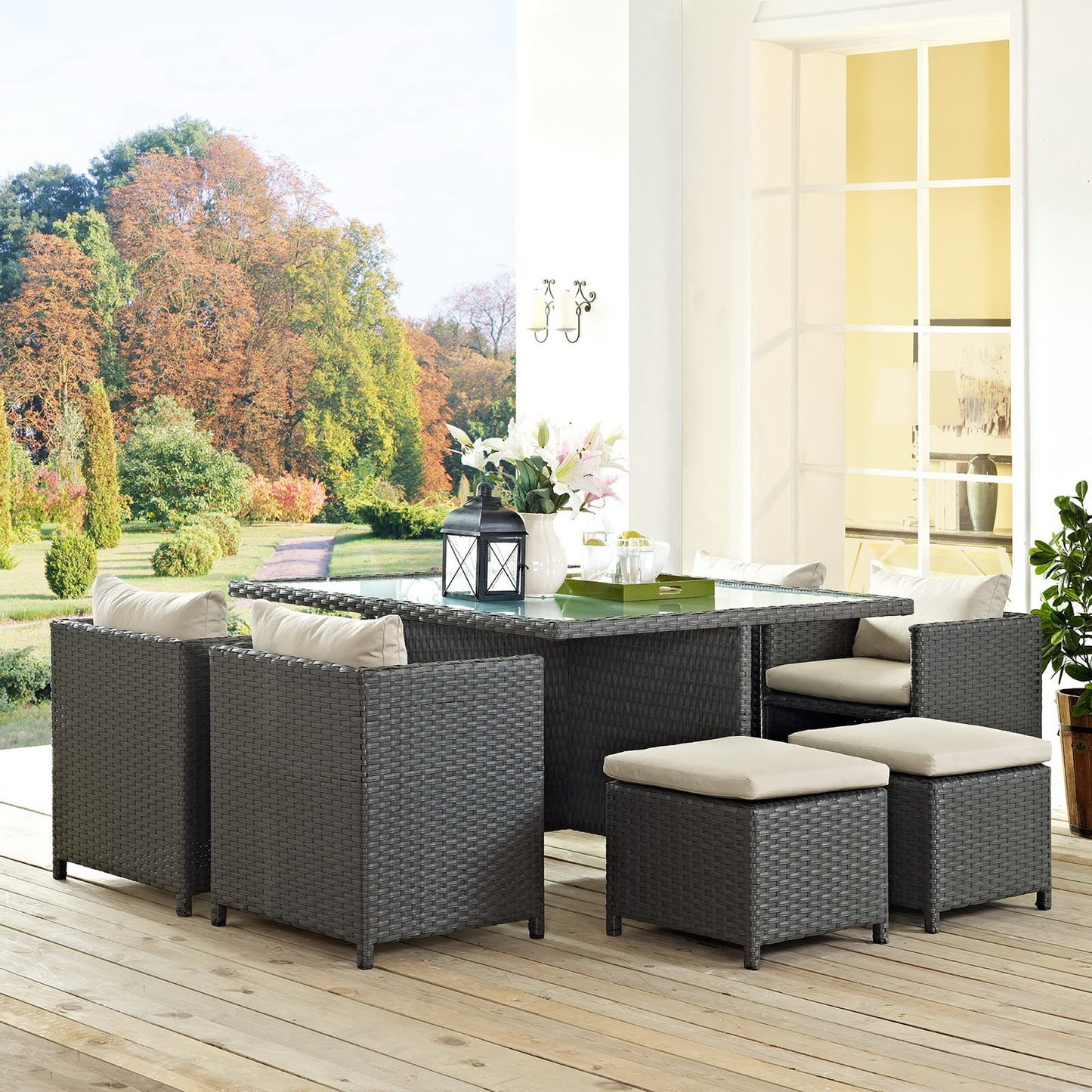 Sojourn 9 Piece Outdoor Patio Sunbrella Dining Set in Antique Canvas Beige by Modway (1946)