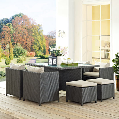 Sojourn 9 Piece Outdoor Patio Sunbrella Dining Set in Antique Canvas Beige by Modway (1946)