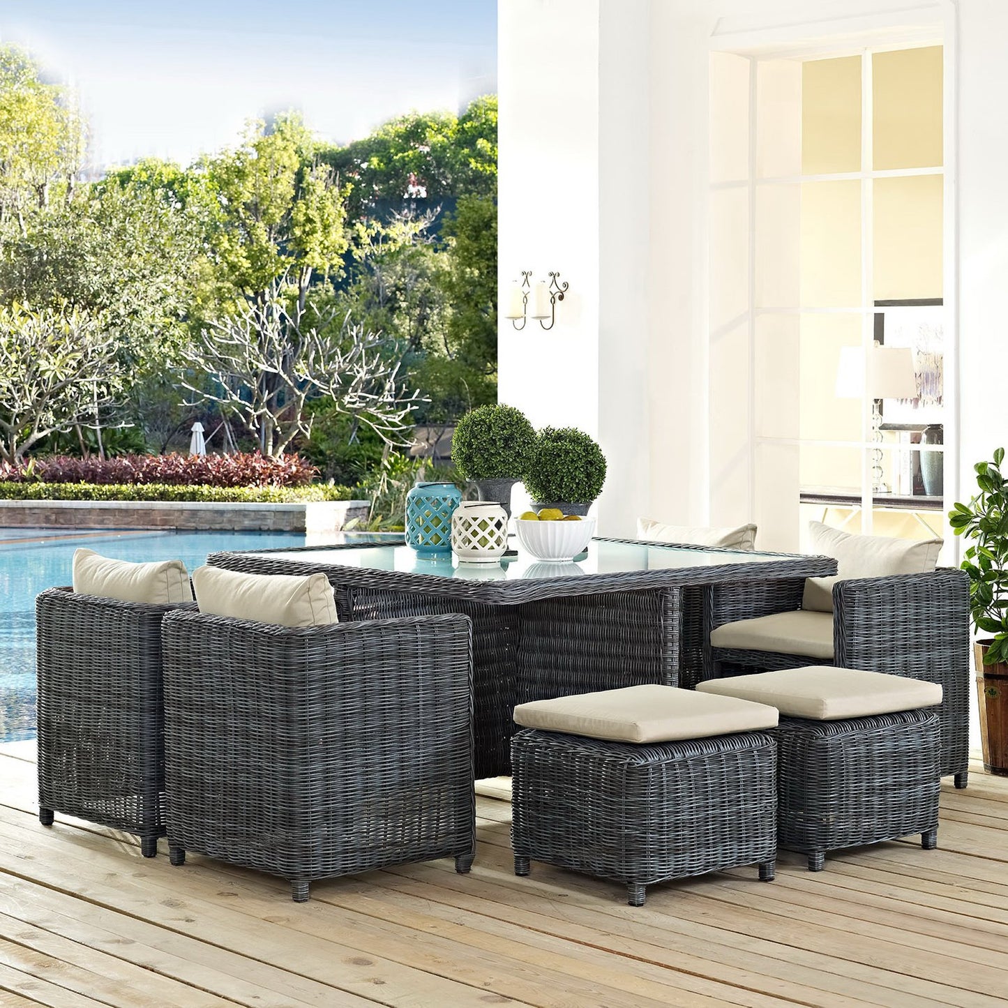 Summon 9 Piece Outdoor Patio Sunbrella Dining Set in Antique Canvas Beige by Modway (1947)