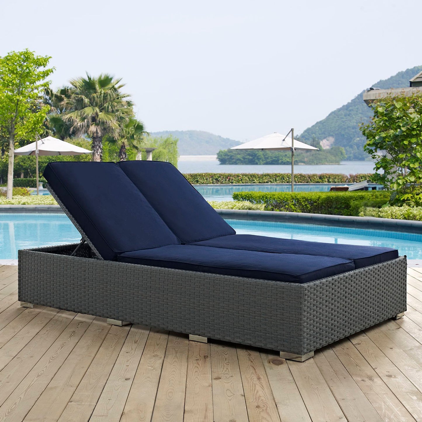 Sojourn Outdoor Patio Sunbrella Double Chaise in Chocolate Navy by Modway (1983)