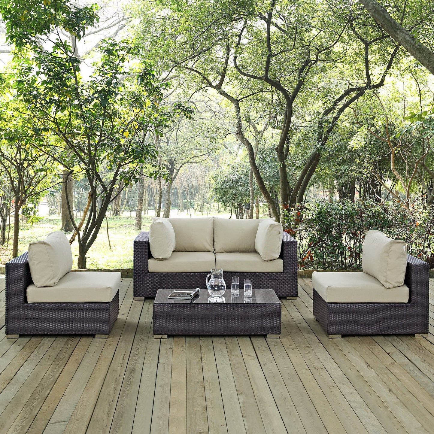 Convene 5 Piece Outdoor Patio Sectional Set in Espresso Beige by Modway