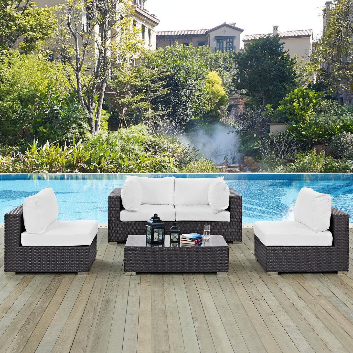 Convene Outdoor Patio Wicker Rattan 5-Piece Sectional Set (Espresso White) by Modway