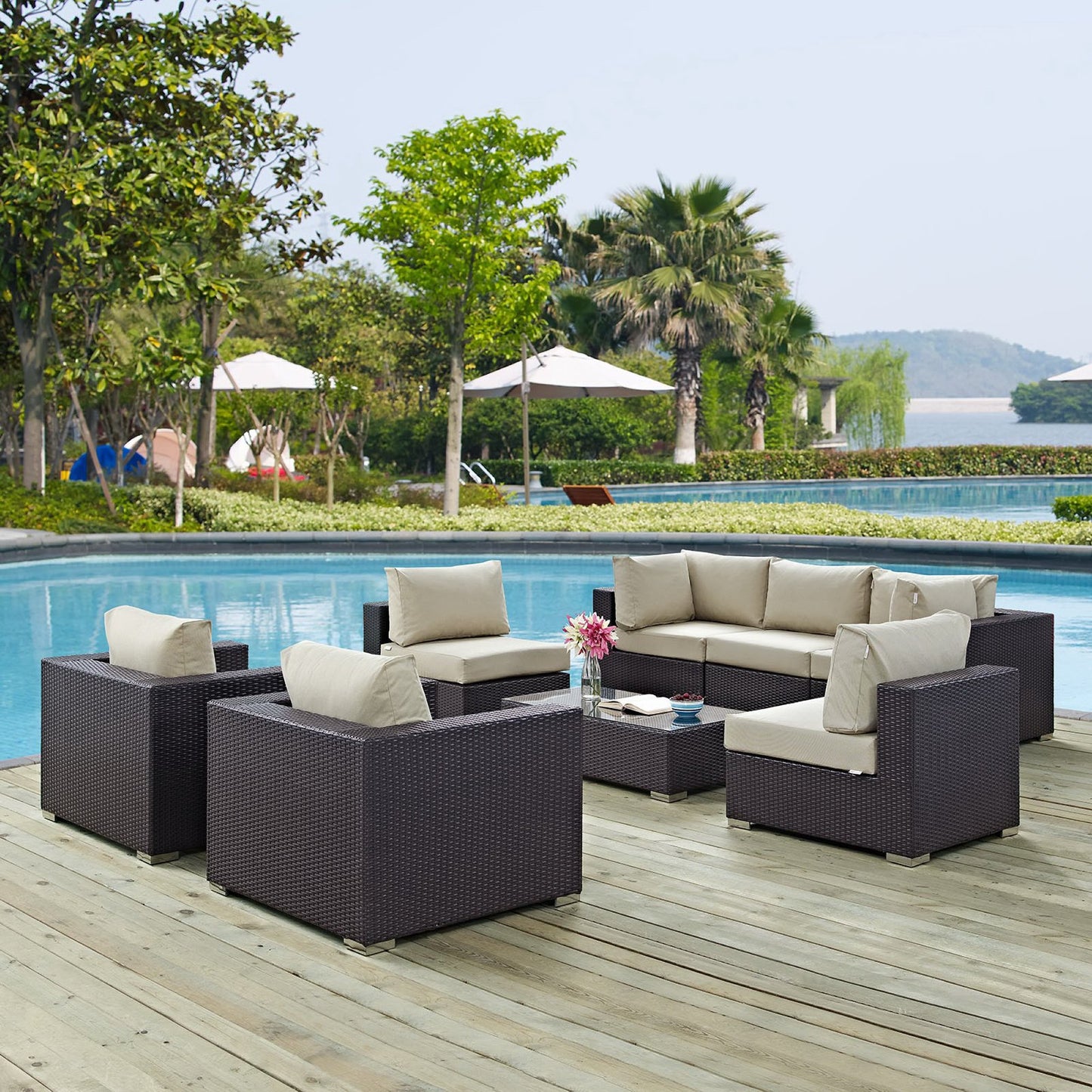 Convene 8 Piece Outdoor Patio Sectional Set in Espresso Beige by Modway