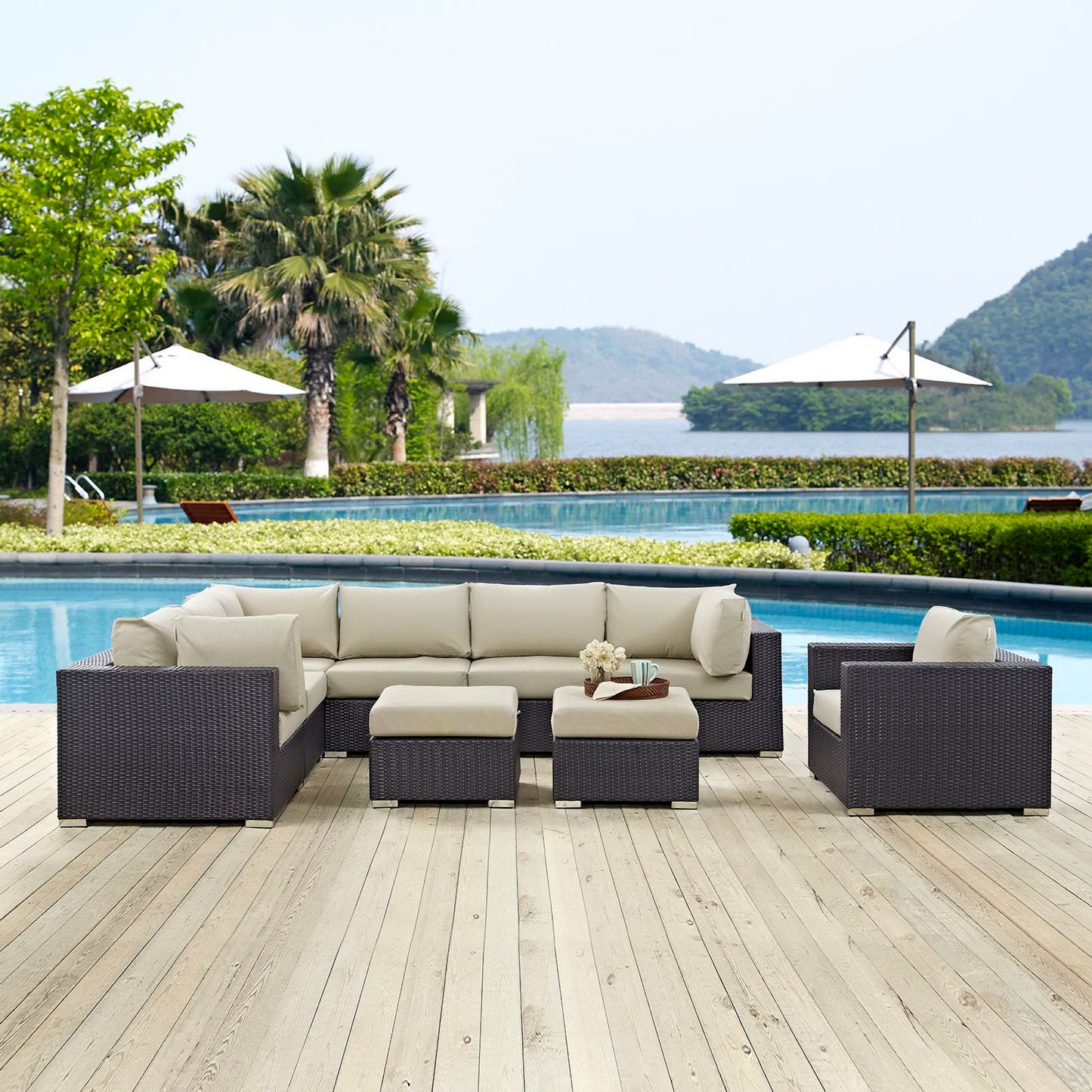 Convene 9 Piece Outdoor Patio Sectional Set in Espresso Beige by Modway (EEI-2208)
