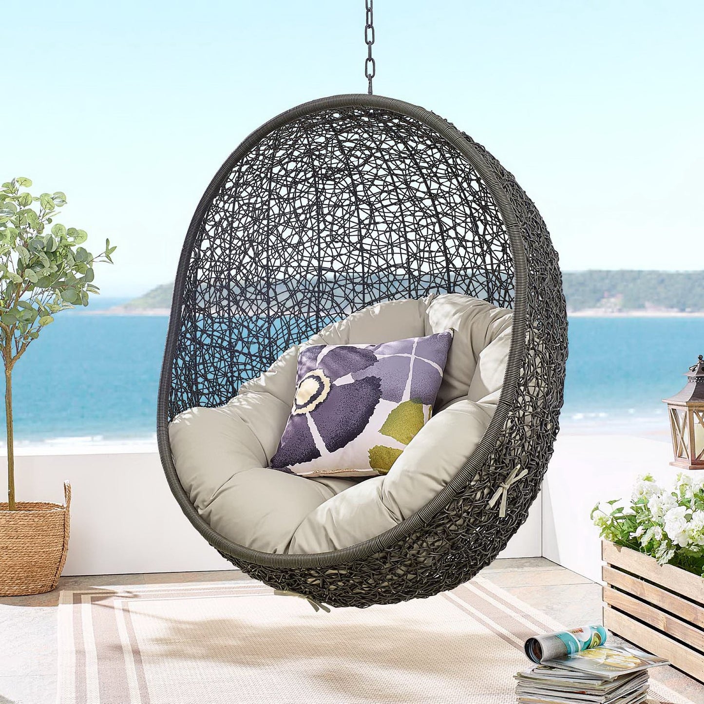 Hide Outdoor Patio Swing Chair With Stand in Gray Beige by Modway (2273)