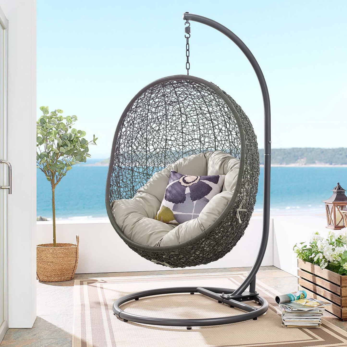 Hide Outdoor Patio Swing Chair With Stand in Gray Beige by Modway (2273)