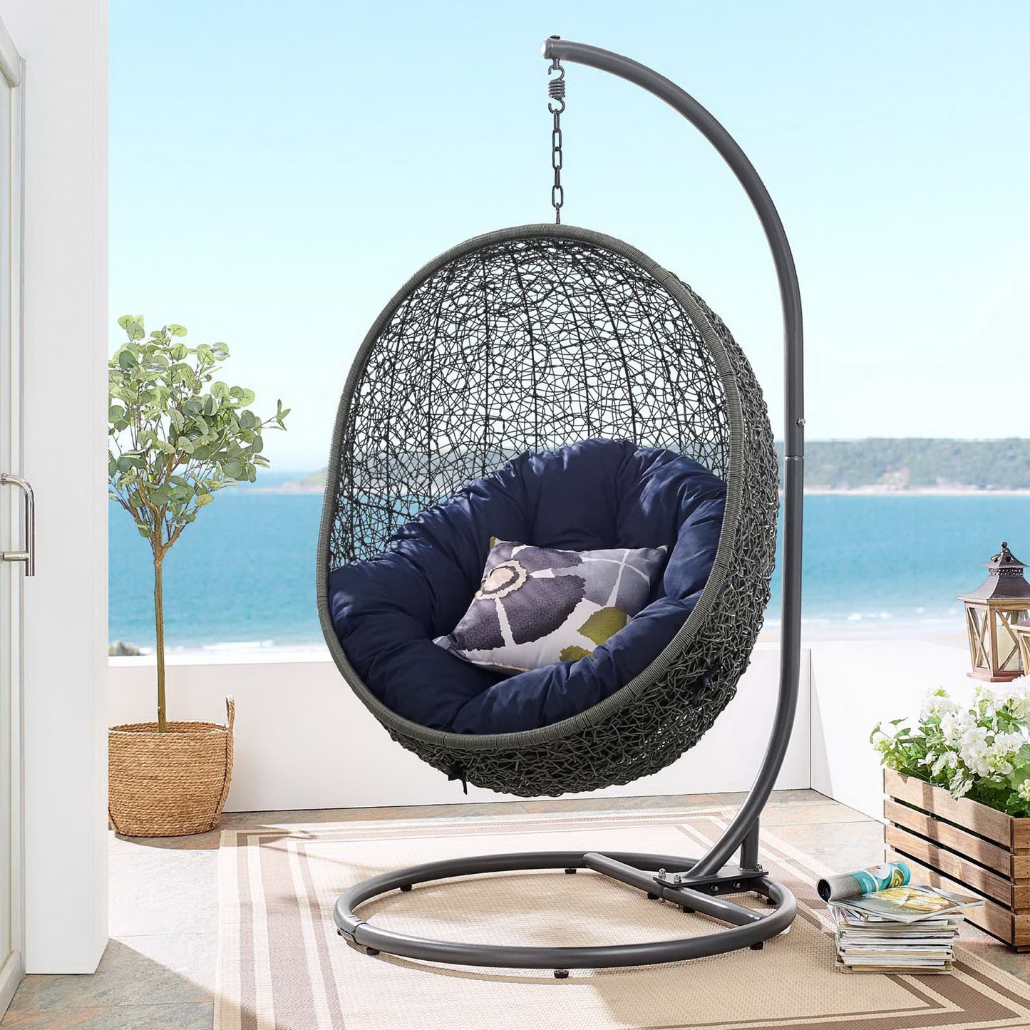 Hide Outdoor Patio Swing Chair With Stand in Gray Navy by Modway (2273)