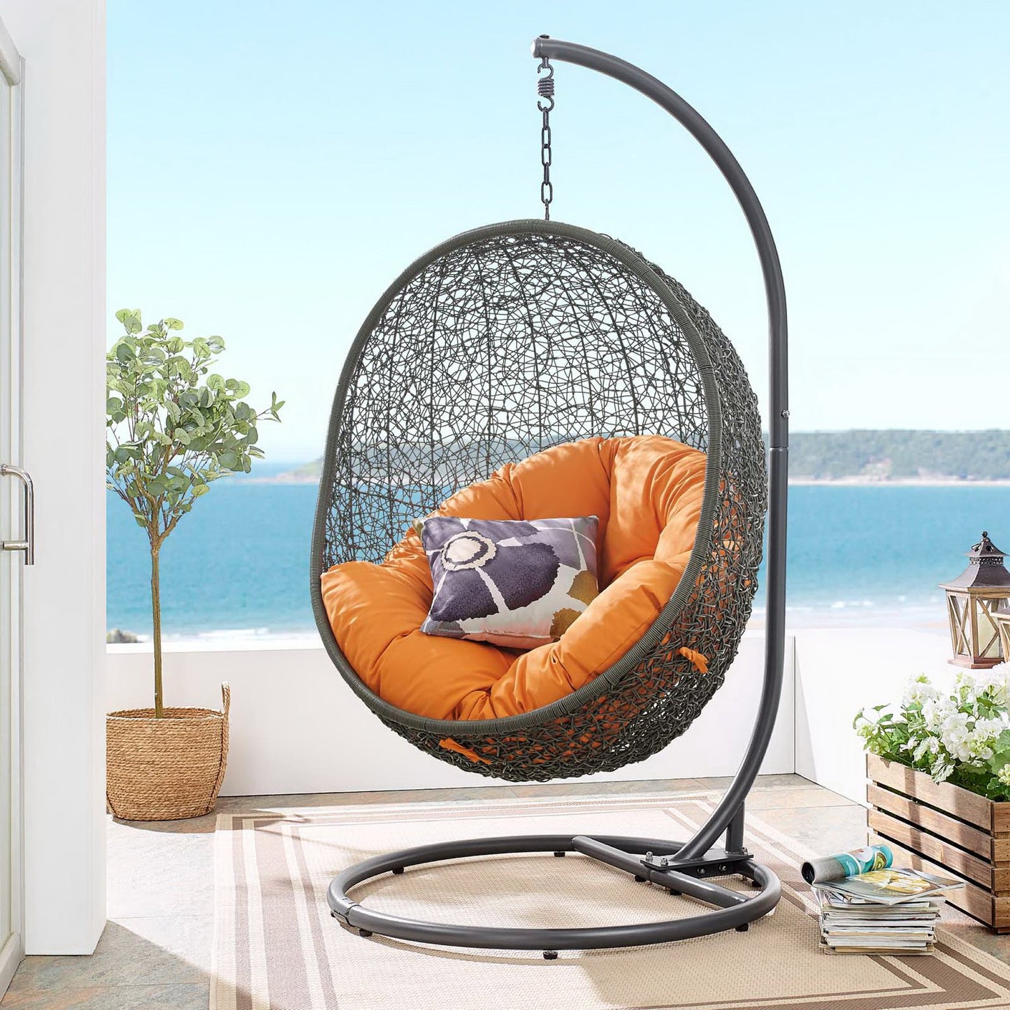 Hide Outdoor Patio Swing Chair With Stand in Gray Orange by Modway (2273)