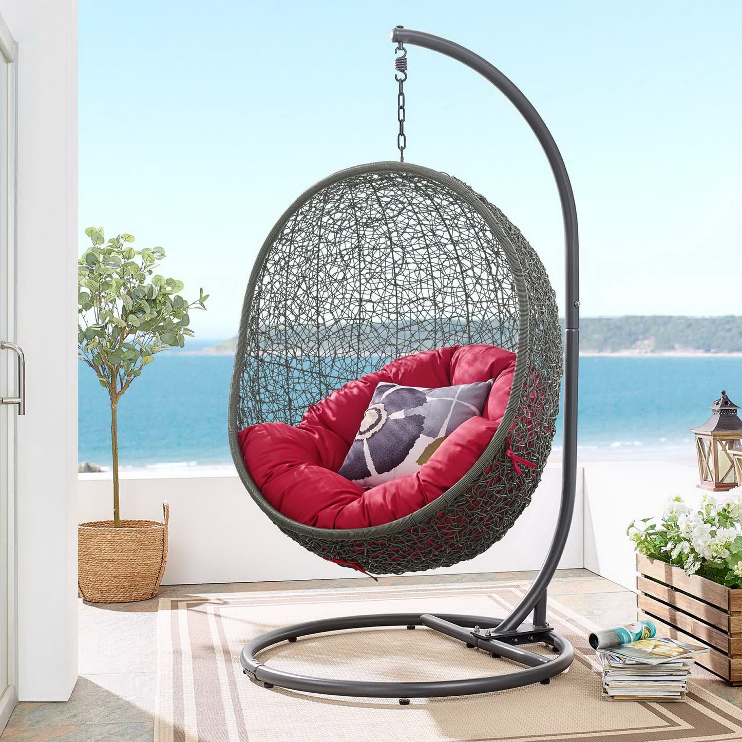 Hide Outdoor Patio Swing Chair With Stand in Gray Red by Modway (2273)