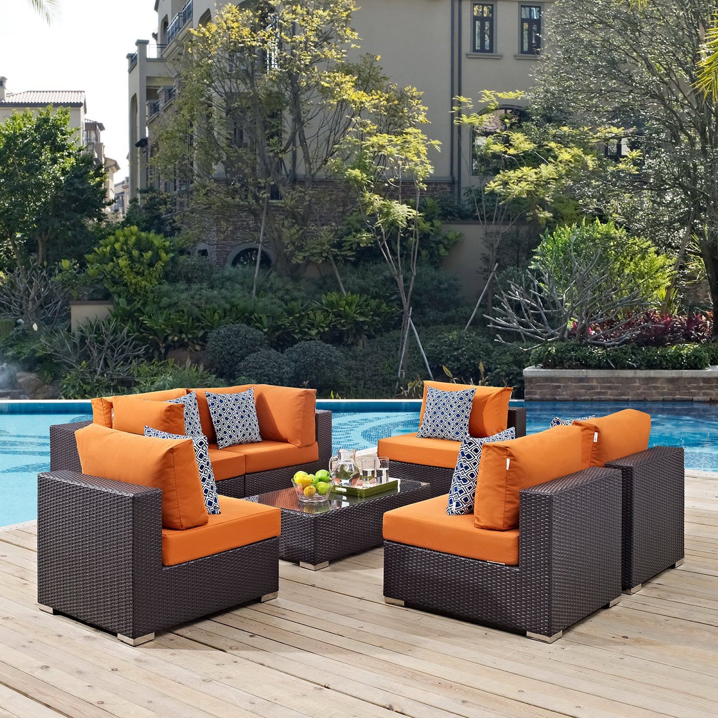 Convene 7 Piece Outdoor Patio Sectional Set in Espresso Orange by Modway (EEI-2357)