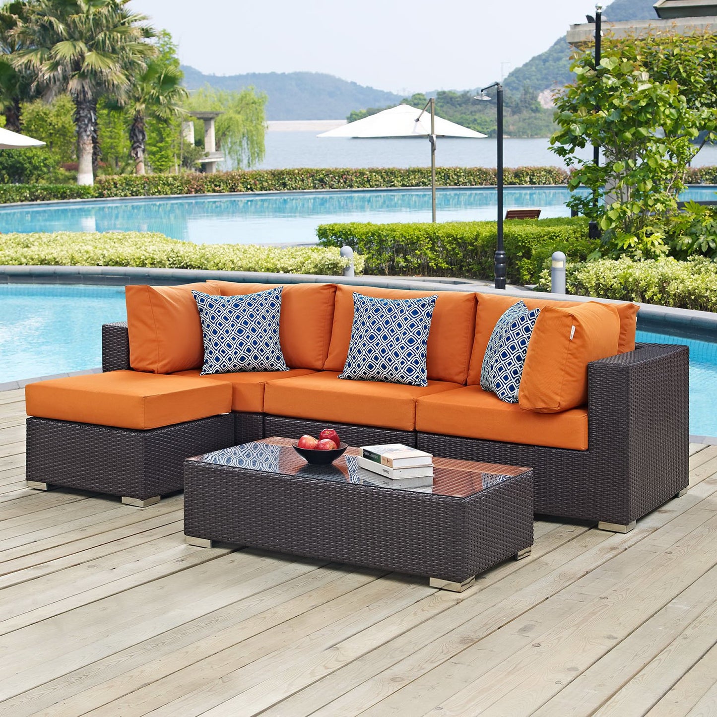 Convene 5 Piece Outdoor Patio Sectional Set in Espresso Orange by Modway (EEI-2362)