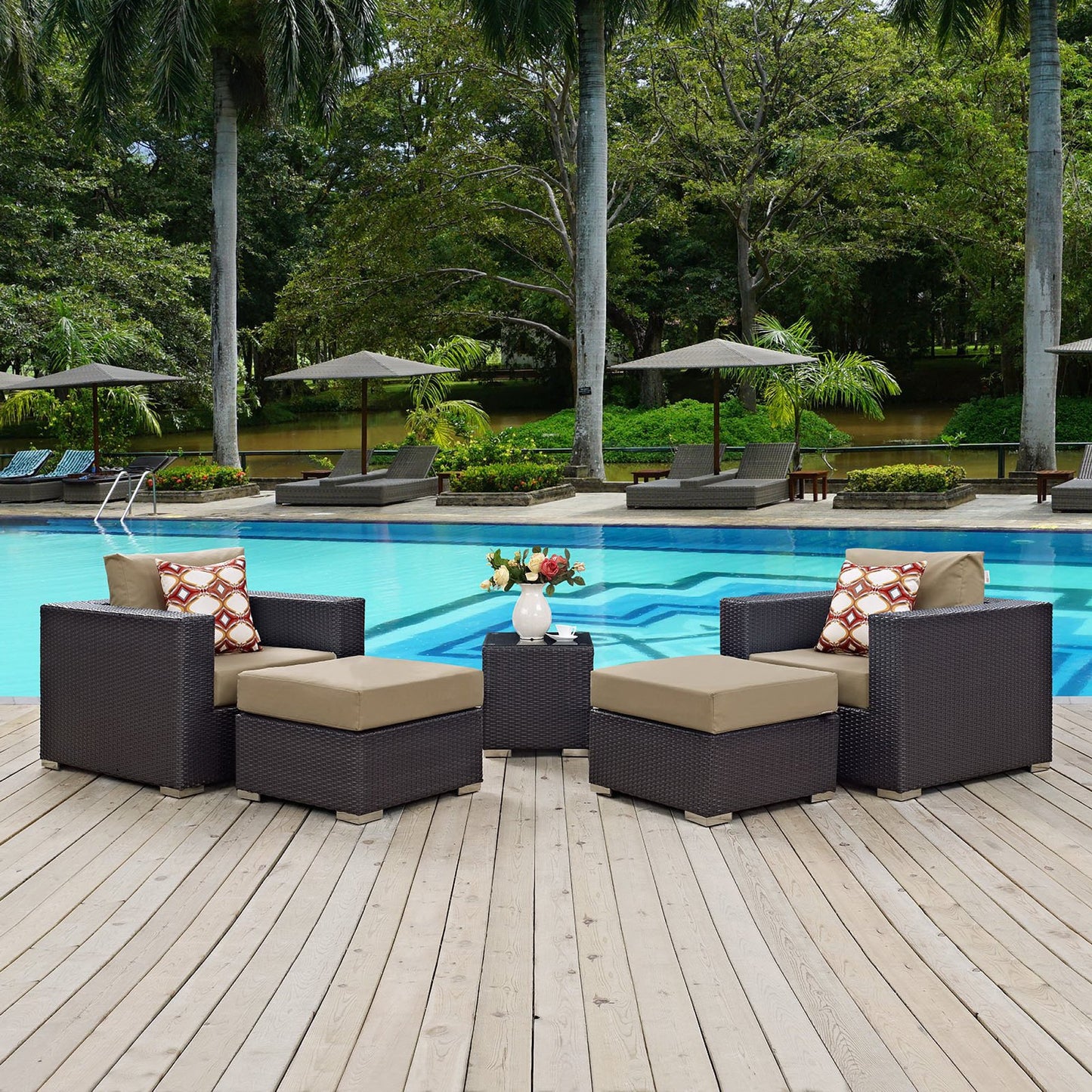 Convene 5 Piece Outdoor Patio Sectional Set in Espresso Mocha by Modway (EEI-2366)