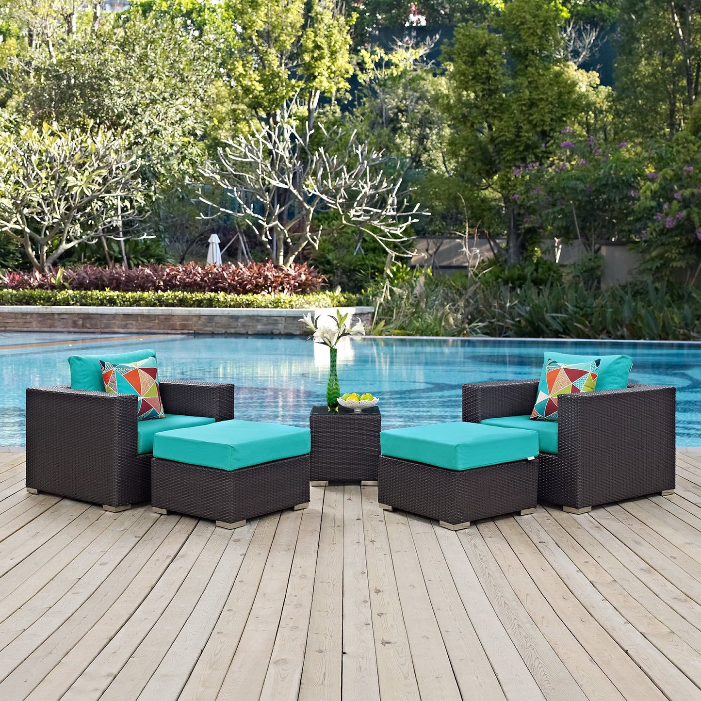 Convene 5 Piece Outdoor Patio Sectional Set in Espresso Turquoise by Modway (EEI-2366)