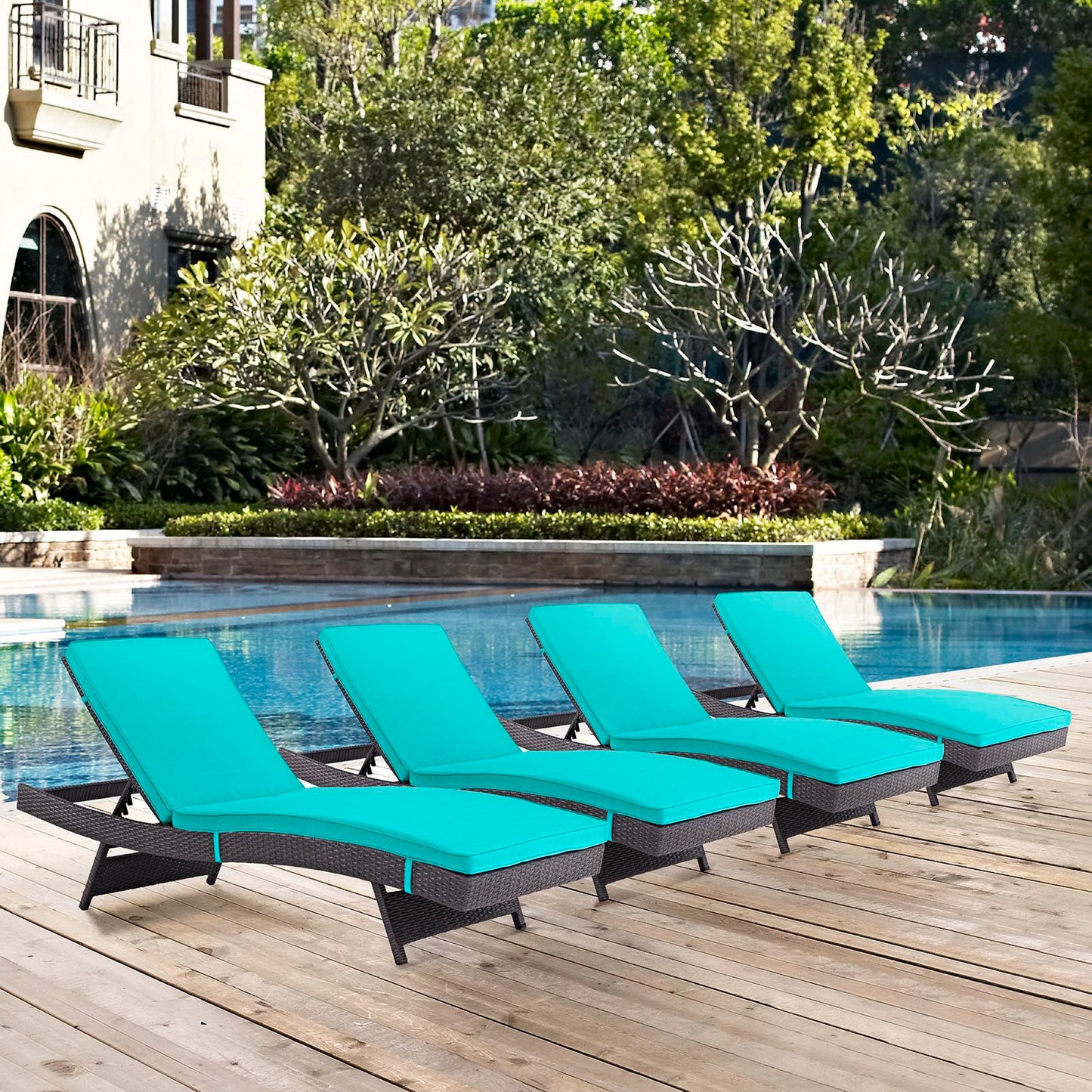 Convene Outdoor Patio Chaise Set of 4 in Espresso Turquoise by Modway (EEI-2429)