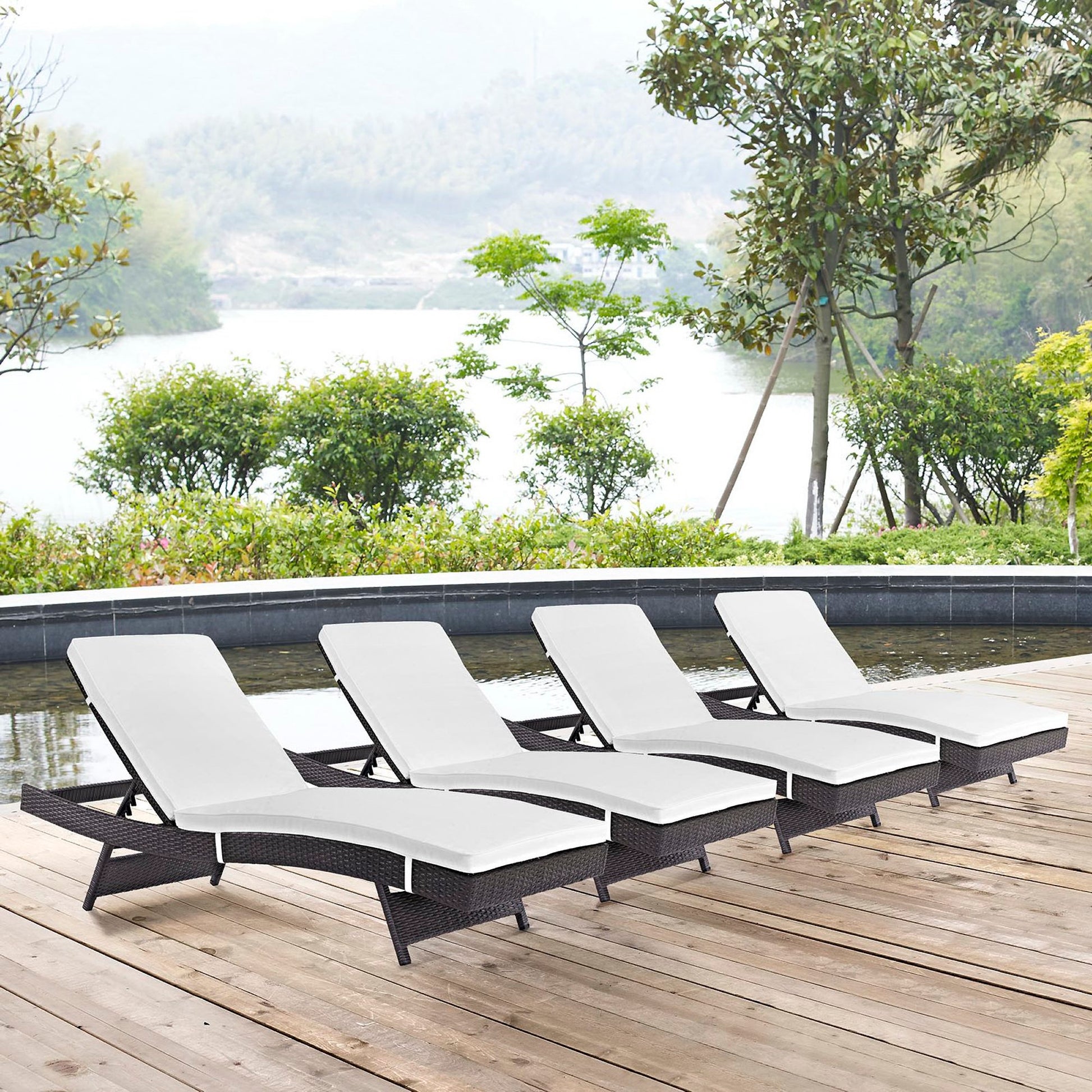 Convene Outdoor Patio Wicker Rattan Chaise Set of 4 (Espresso / White) by Modway Outdoor Patio Chaise Lounge Set Modway 