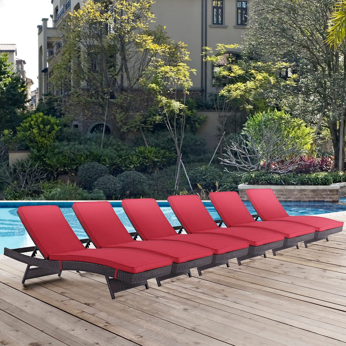Convene Outdoor Patio Chaise Set of 6 in Espresso Red by Modway (EEI-2430)