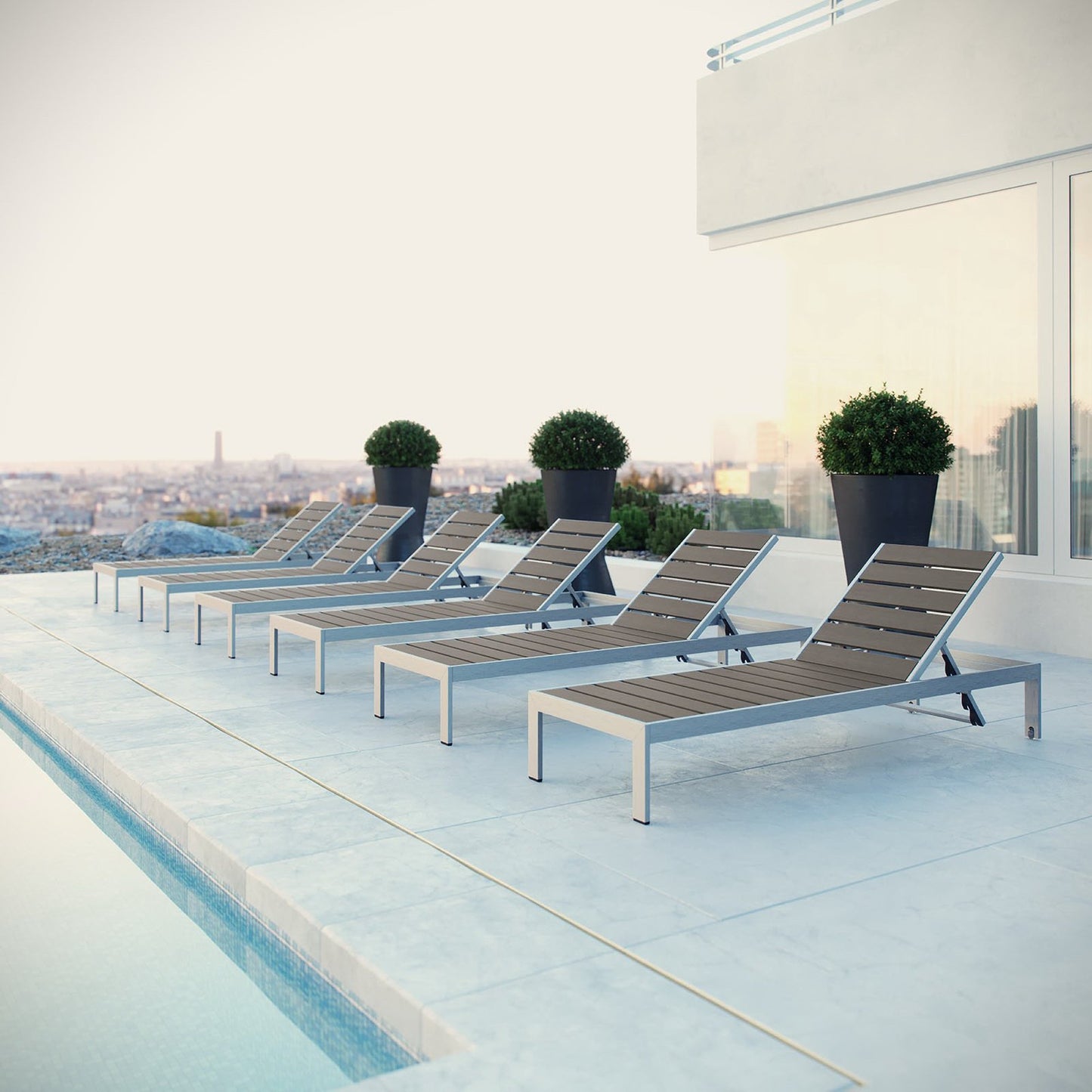 Shore Outdoor Patio Aluminum Chaise Set of 6 in Silver Gray by Modway (2469)