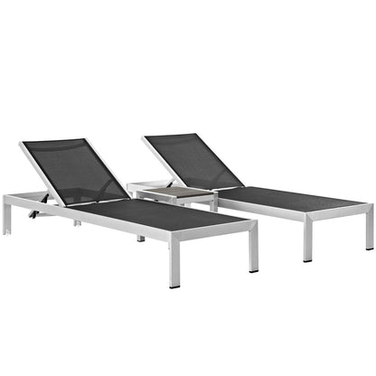 Shore 3 Piece Outdoor Chaise Patio Aluminum Set in Silver Black by Modway (2471)